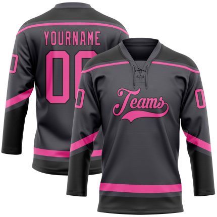 Customizable Personalized Hockey Jersey with Pink and Black Lace Neck, Steel Gray - Custom Name and Number Personalized Steel