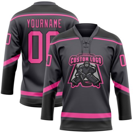 Customizable Personalized Hockey Jersey with Pink and Black Lace Neck, Steel Gray - Custom Name and Number Personalized Steel