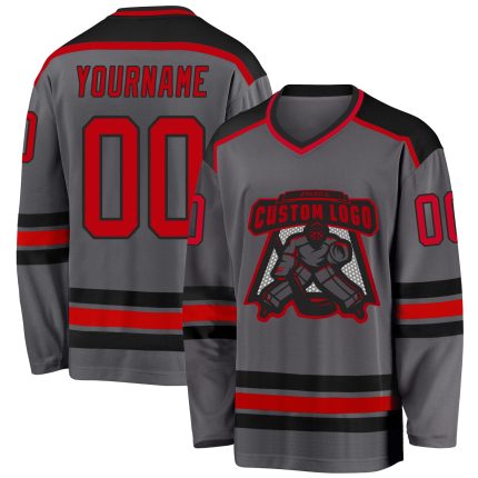 Custom Steel Gray Red-Black Hockey Jersey with Personalized Name and Number - Team Apparel Personalized Steel Gray Red-Black