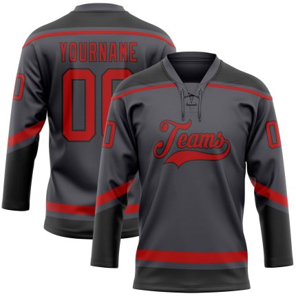 Custom Hockey Jersey with Personalized Name & Number - Steel Gray Red-Black Lace Neck Team Gear Personalized Steel Gray Red-Black