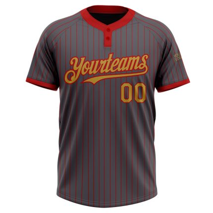 Custom Name and Number Unisex Softball Jersey - Personalized Steel Gray with Red Pinstripe and Old Gold Two-Button Design