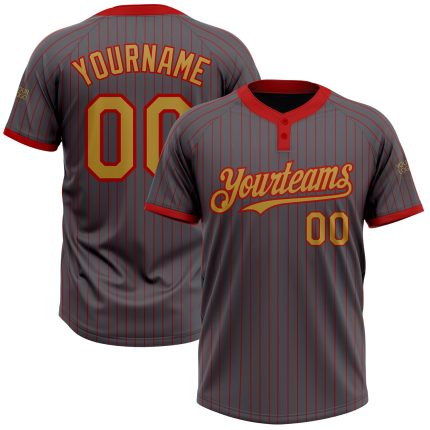Custom Name and Number Unisex Softball Jersey - Personalized Steel Gray with Red Pinstripe and Old Gold Two-Button Design