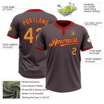 Custom Name and Number Unisex Softball Jersey - Personalized Steel Gray with Red Pinstripe and Old Gold Two-Button Design