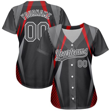 Custom Name and Number 3D Pattern Baseball Jersey - Personalized Steel Gray Red-White Abstract Sport Design Personalized