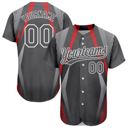 Custom Name and Number 3D Pattern Baseball Jersey - Personalized Steel Gray Red-White Abstract Sport Design Personalized