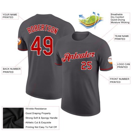 Custom Team Performance T-Shirt with Name and Number - Steel Gray Red-White Color, Personalized Sports Shirt Personalized