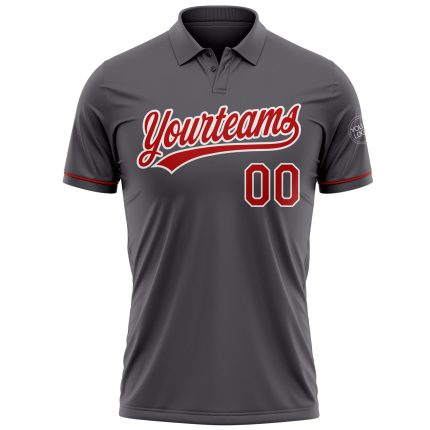 Custom Team Name and Number Steel Gray Red-White Performance Golf Polo Shirt Personalized Steel Gray Red-White Performance