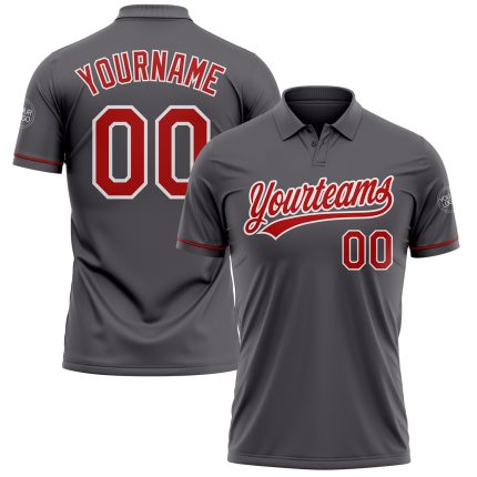 Custom Team Name and Number Steel Gray Red-White Performance Golf Polo Shirt Personalized Steel Gray Red-White Performance