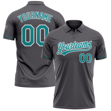 Custom Performance Vapor Golf Polo Shirt with Team Name and Number - Steel Gray and Teal-White Personalized Steel Gray Teal-White