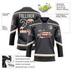 Personalized Vintage USA Flag Hockey Jersey with Custom Name & Number - Steel Gray Cream-Black Lace Neck Team Apparel Personalized