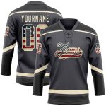 Personalized Vintage USA Flag Hockey Jersey with Custom Name & Number - Steel Gray Cream-Black Lace Neck Team Apparel Personalized