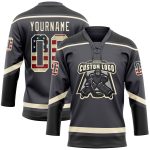 Personalized Vintage USA Flag Hockey Jersey with Custom Name & Number - Steel Gray Cream-Black Lace Neck Team Apparel Personalized