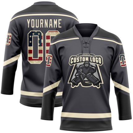 Personalized Vintage USA Flag Hockey Jersey with Custom Name & Number - Steel Gray Cream-Black Lace Neck Team Apparel Personalized