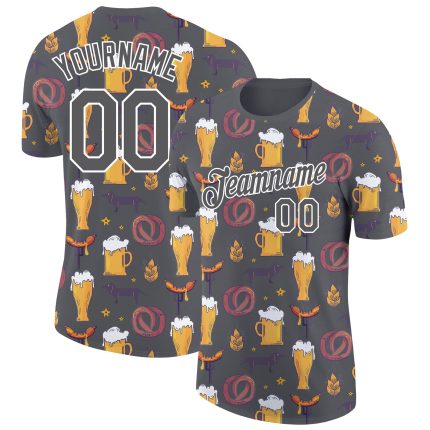 Custom Oktoberfest Beer Festival T-Shirt with Team Name and Number, 3D Pattern Design in Steel Gray and White Personalized