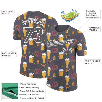 Custom Oktoberfest Beer Festival T-Shirt with Team Name and Number, 3D Pattern Design in Steel Gray and White Personalized