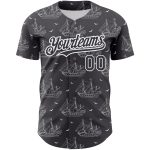 Custom Name Number Authentic 3D Pattern Baseball Jersey Ship Frigate Seagulls Design in Steel Gray and White Personalized