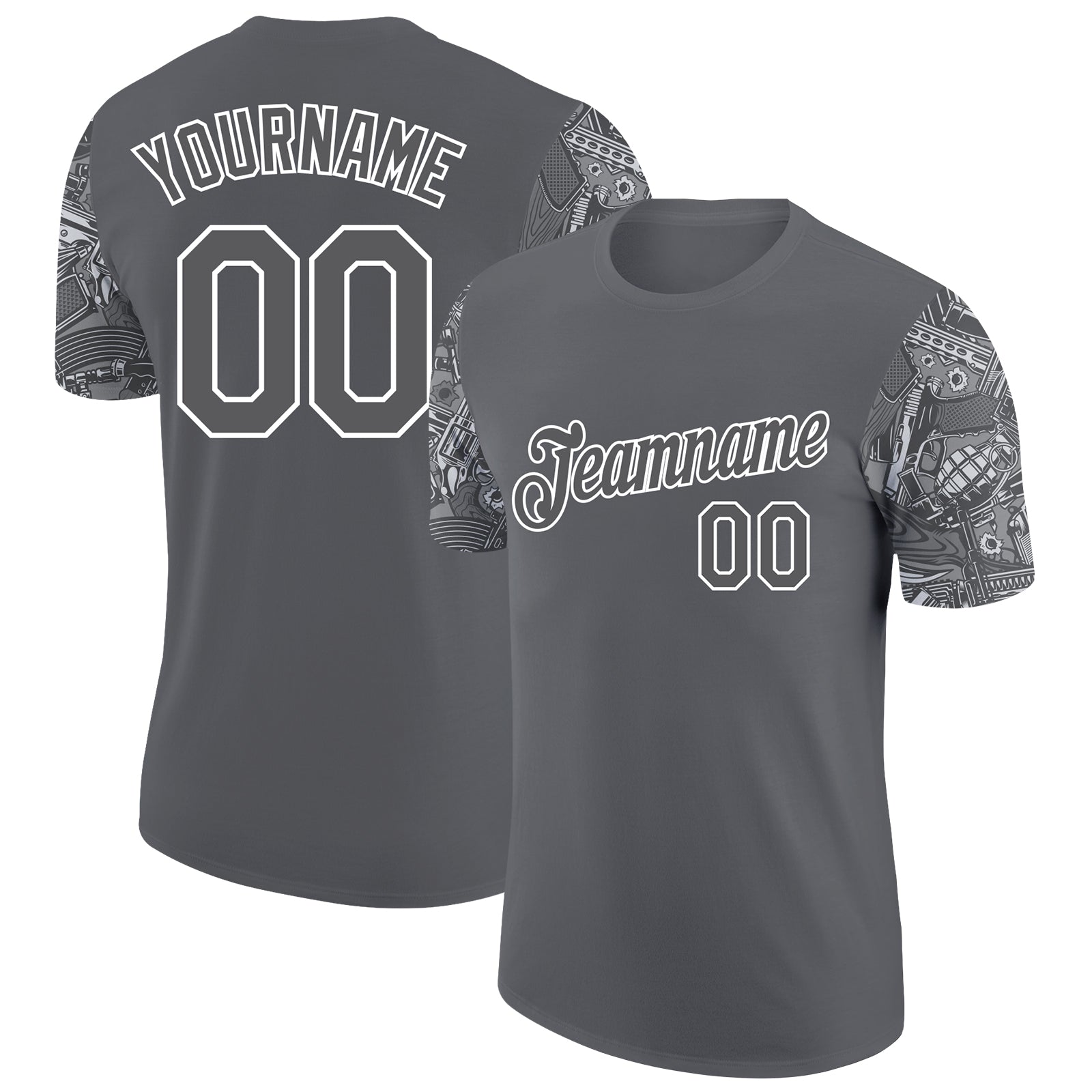 Custom Name and Number Personalized Vintage Military Weapon T-Shirt, Steel Gray with White 3D Pattern Design Personalized