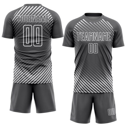 Custom Diagonal Lines Soccer Jersey - Steel Gray and White Sublimation Uniform Personalized Steel Gray White Diagonal Lines