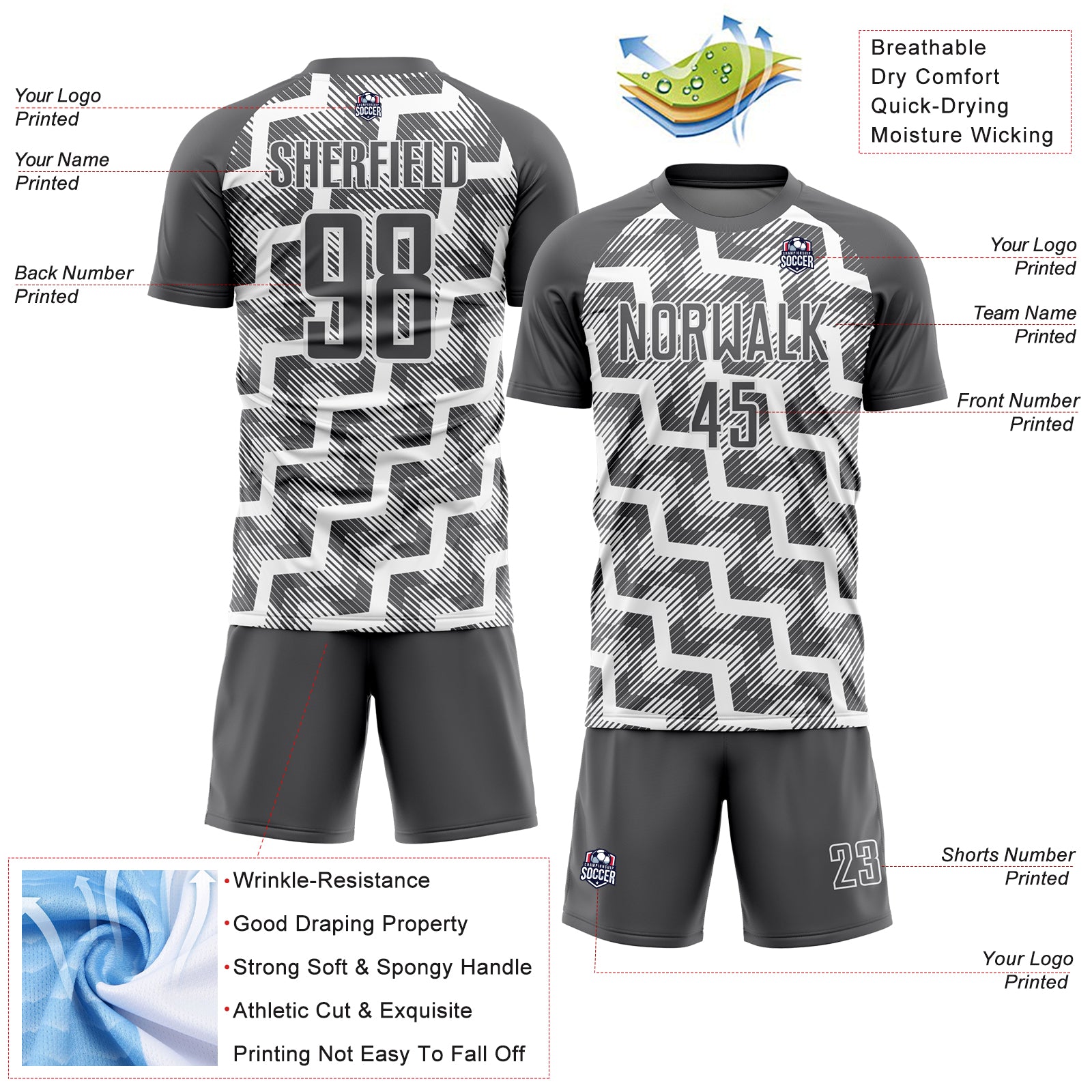 Personalized Steel Gray White Lines Sublimation Soccer Uniform Jersey Custom Soccer Jersey - Steel Gray with White Lines - Personalized Sublimation Personalized Steel Gray White Lines Sublimation - Image 4