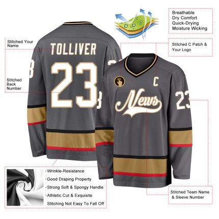 Custom Name and Number Hockey Jersey - Personalized Steel Gray and White with Old Gold Trim Personalized Steel Gray White-Old