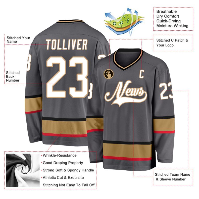 Custom Name and Number Hockey Jersey - Personalized Steel Gray and White with Old Gold Trim Personalized Steel Gray White-Old