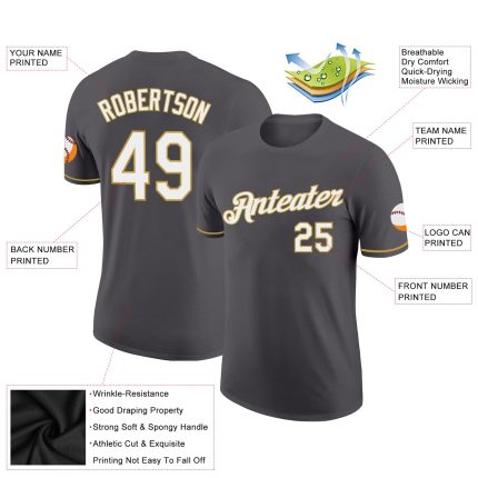 Custom Performance T-Shirt with Team Name and Number - Personalized Steel Gray and White-Old Gold Design Personalized Steel