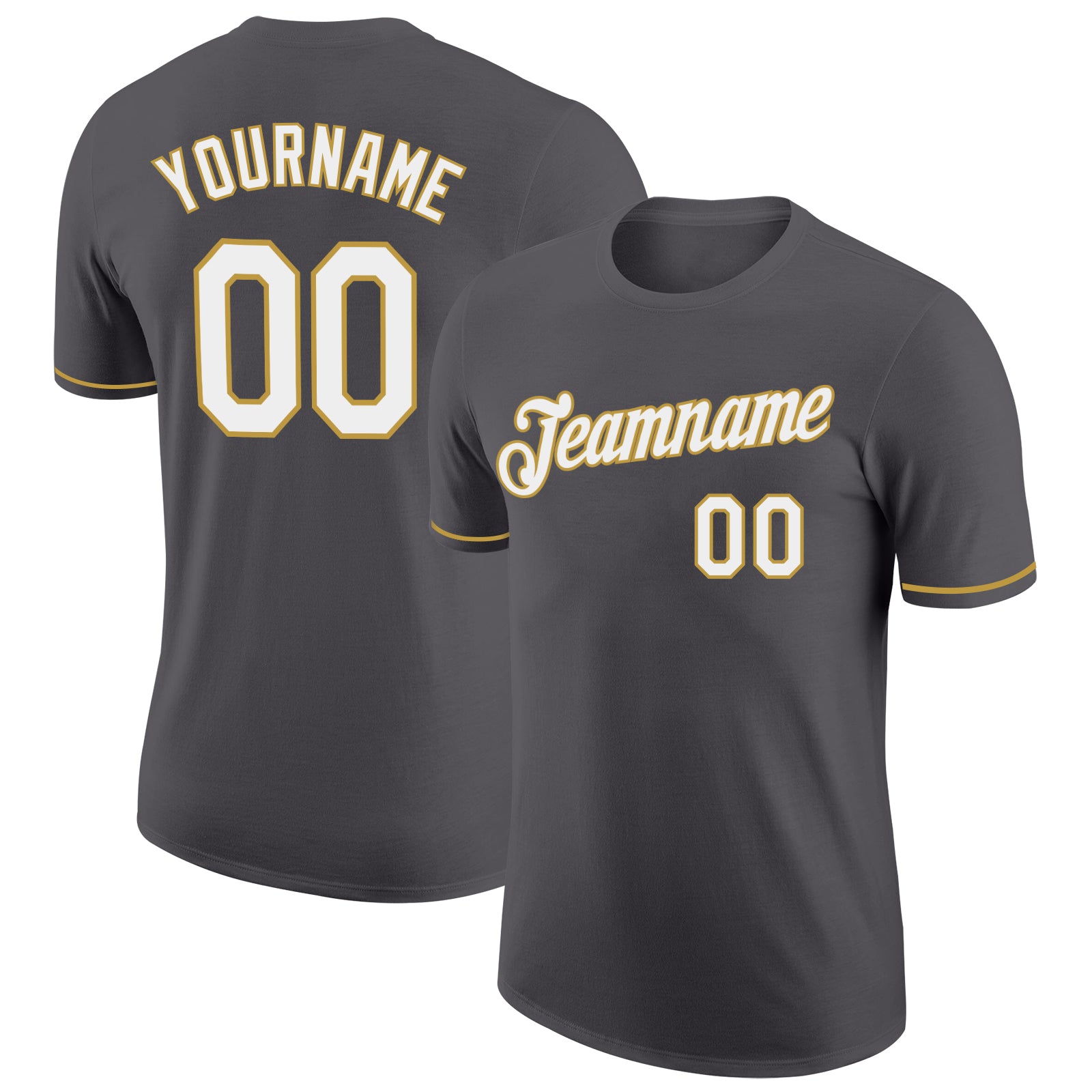 Custom Performance T-Shirt with Team Name and Number - Personalized Steel Gray and White-Old Gold Design Personalized Steel