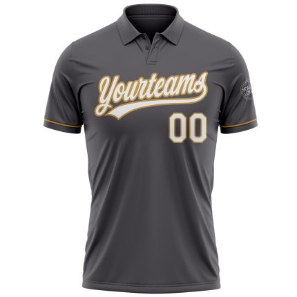 Custom Performance Vapor Golf Polo Shirt - Steel Gray White-Old Gold with Name and Number Personalized Steel Gray White-Old