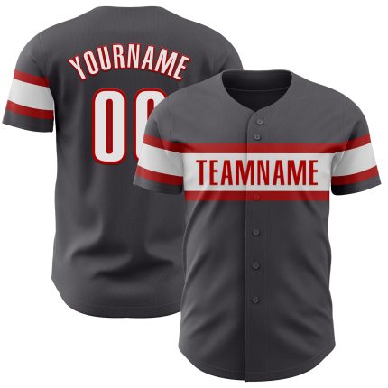 Custom steel gray, white and red baseball jersey
