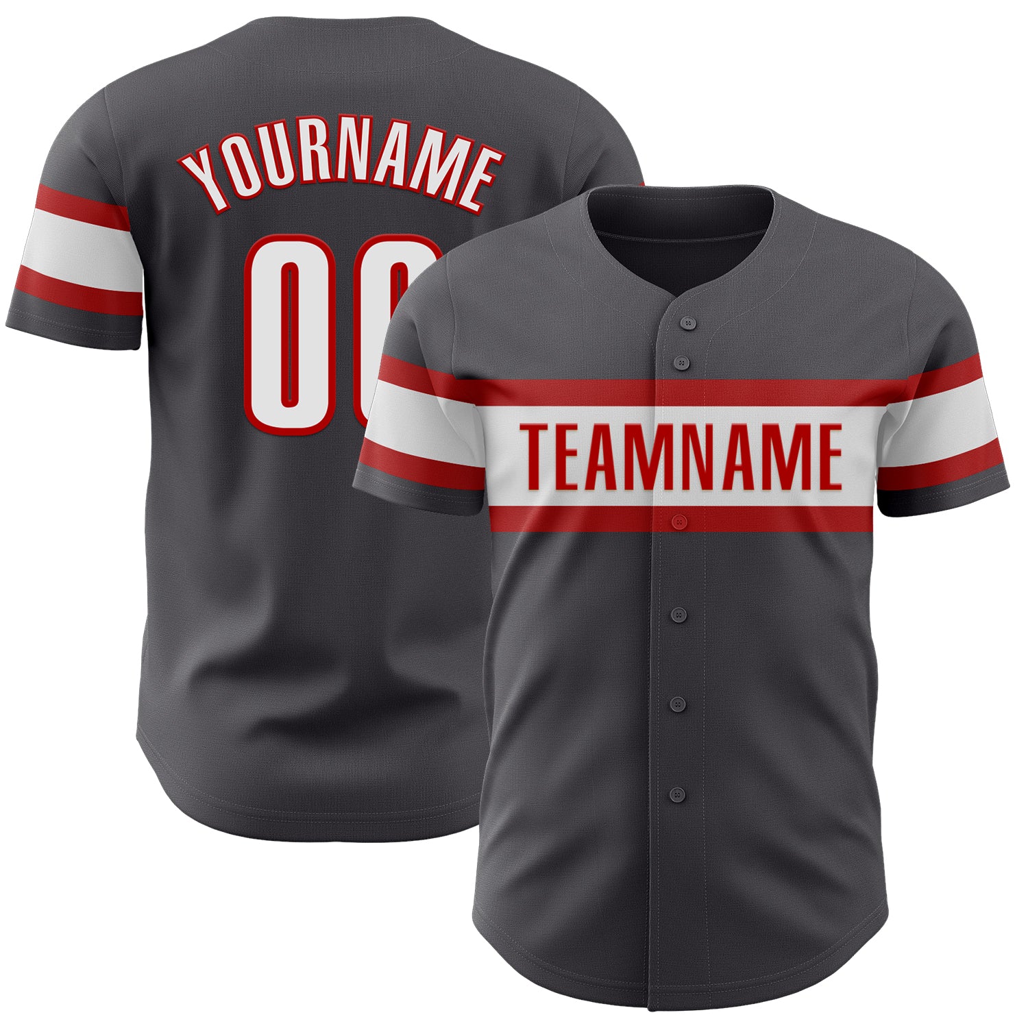 Custom Baseball Jersey with Personalized Name and Number in Steel Gray, White, and Red - Authentic Team Gear Personalized