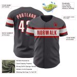 Custom steel gray, white and red baseball jersey, detail of the printed panel