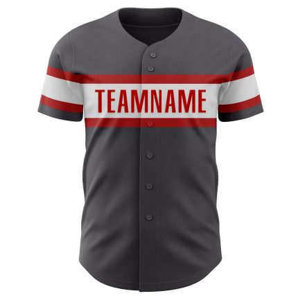 Custom steel gray, white and red baseball jersey, back view