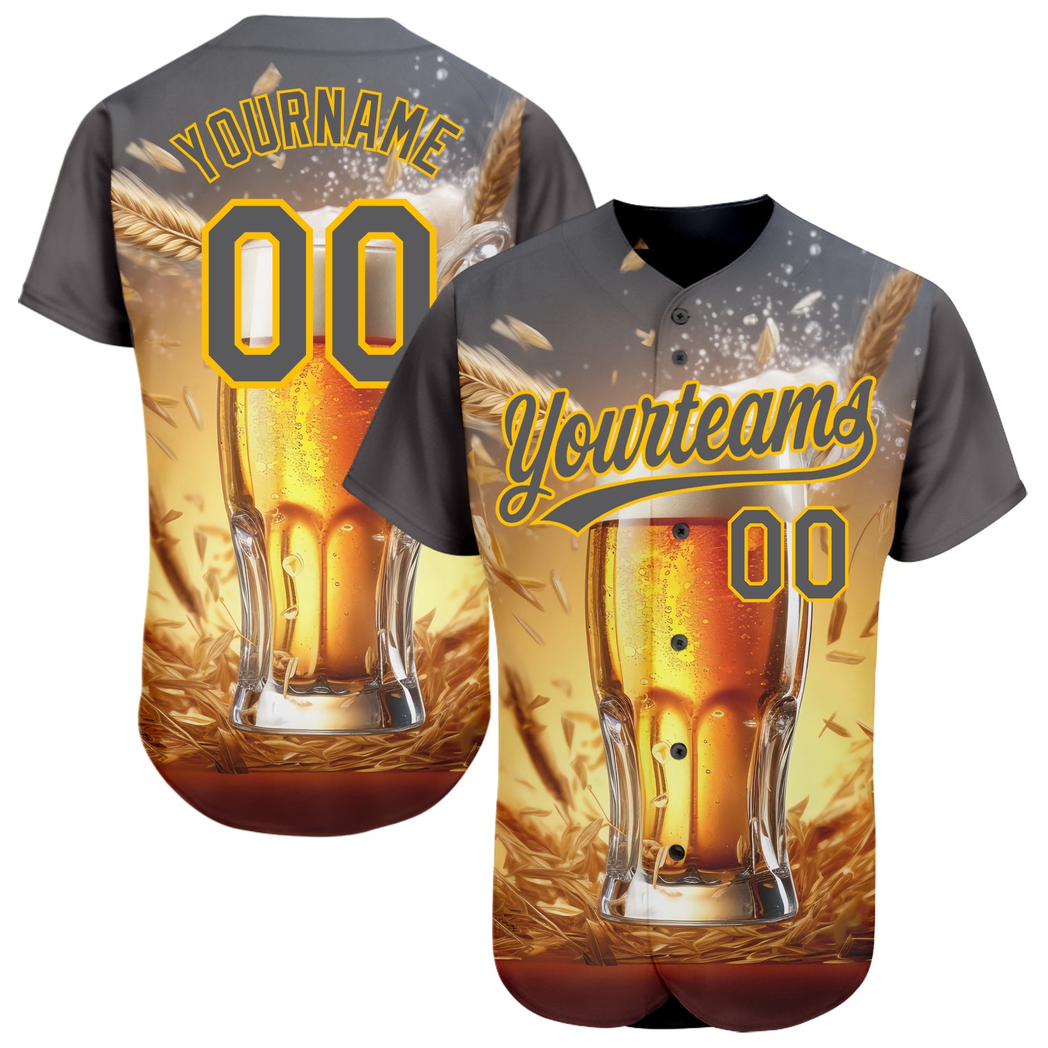 Custom Name and Number International Beer Day Baseball Jersey with 3D Pattern - Personalized Steel Gray and Yellow Personalized