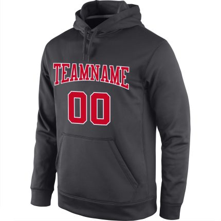 Custom Team Name Number Pullover Hoodie Sweatshirt, Personalized Anthracite Red-White Sports Attire Personalized Stitched