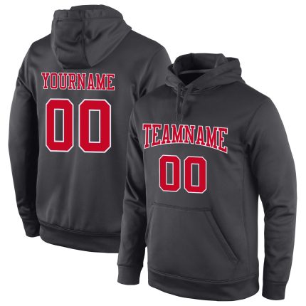 Custom Team Name Number Pullover Hoodie Sweatshirt, Personalized Anthracite Red-White Sports Attire Personalized Stitched