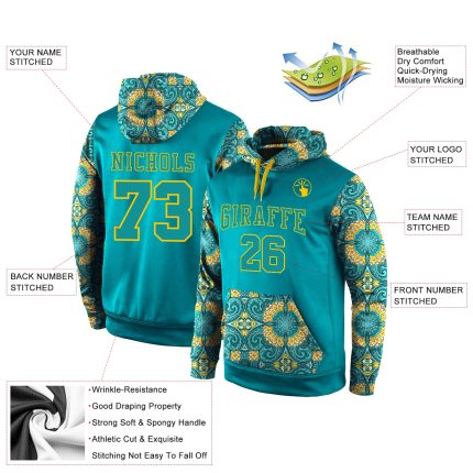 Custom Name and Number Pullover Hoodie with Aqua Gold 3D Pattern Sports Design - Personalized Stitched Sweatshirt Personalized
