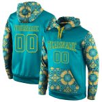 Custom Name and Number Pullover Hoodie with Aqua Gold 3D Pattern Sports Design - Personalized Stitched Sweatshirt Personalized