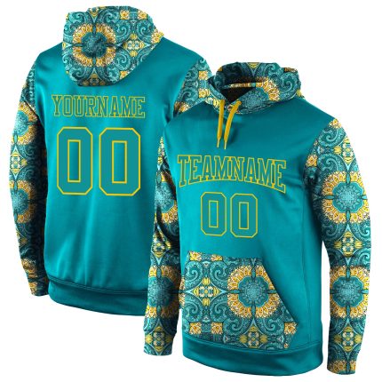 Custom Name and Number Pullover Hoodie with Aqua Gold 3D Pattern Sports Design - Personalized Stitched Sweatshirt Personalized