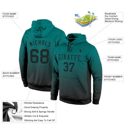 Custom Name Number Aqua Black Fade Sports Hoodie Sweatshirt - Personalized Stitched Pullover Personalized Stitched Aqua Black