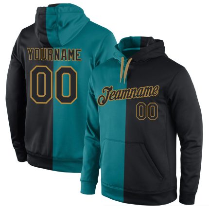 Custom Aqua Black-Old Gold Sports Hoodie with Personalized Name & Number, Stitched Pullover Sweatshirt Personalized Stitched
