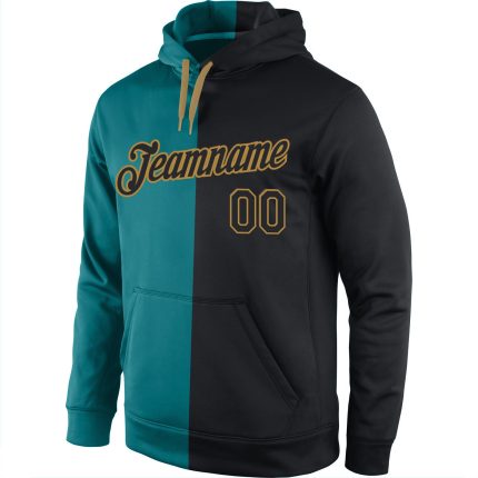 Custom Aqua Black-Old Gold Sports Hoodie with Personalized Name & Number, Stitched Pullover Sweatshirt Personalized Stitched