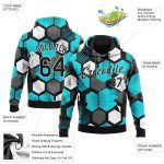 Custom Name and Number Sports Hoodie - Personalized Aqua Black-White 3D Pattern Pullover Sweatshirt Personalized Stitched