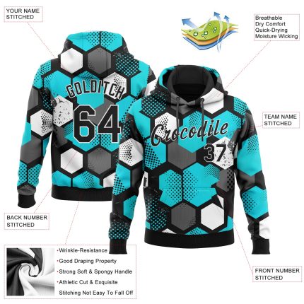 Custom Name and Number Sports Hoodie - Personalized Aqua Black-White 3D Pattern Pullover Sweatshirt Personalized Stitched