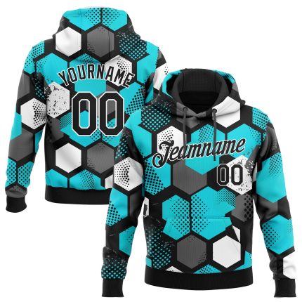 Custom Name and Number Sports Hoodie - Personalized Aqua Black-White 3D Pattern Pullover Sweatshirt Personalized Stitched