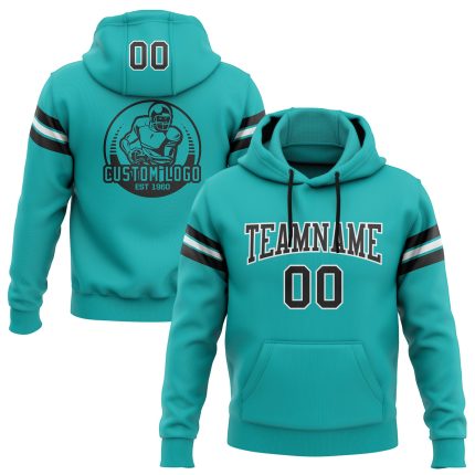 Custom Aqua Black-White Football Hoodie with Personalized Name and Number - Stitched Pullover Sweatshirt Personalized Stitched