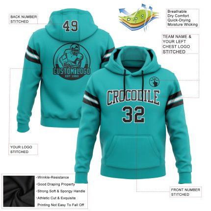 Custom Aqua Black-White Football Hoodie with Personalized Name and Number - Stitched Pullover Sweatshirt Personalized Stitched