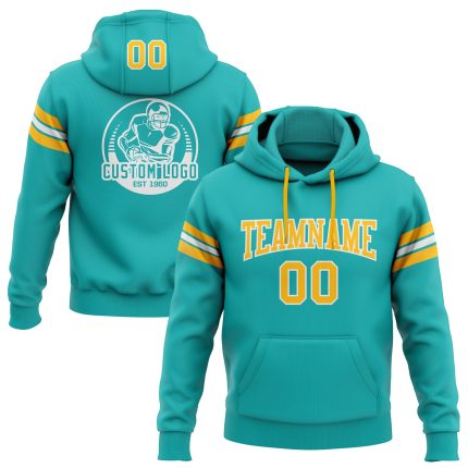 Custom Team Name Number Aqua Gold White Football Hoodie Pullover Sweatshirt Personalized Stitched Aqua Gold-White Football