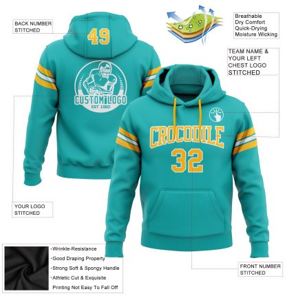 Custom Team Name Number Aqua Gold White Football Hoodie Pullover Sweatshirt Personalized Stitched Aqua Gold-White Football
