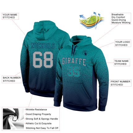Custom Name Number Pullover Hoodie for Sports, Aqua Gray-Navy Fade Design, Personalized Stitched Sweatshirt Personalized