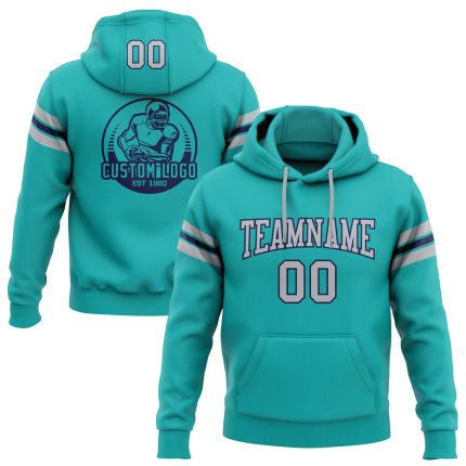 Custom Aqua Gray-Navy Football Hoodie Pullover Sweatshirt with Name and Number - Personalized Team Apparel Personalized Stitched